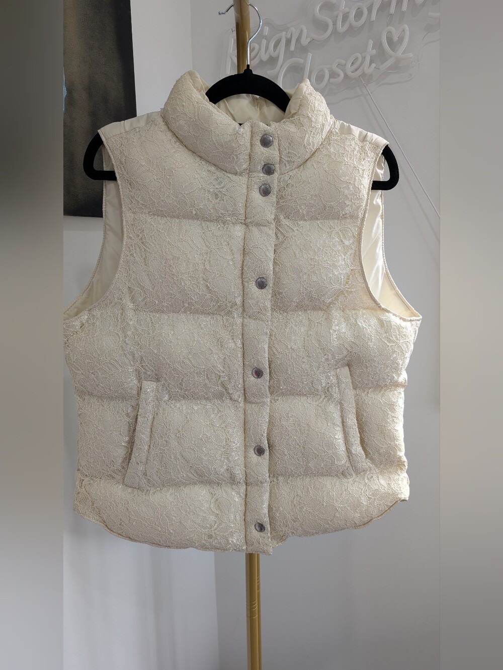 Ralph Lauren Ivory Quilted Lace Puffer Vest